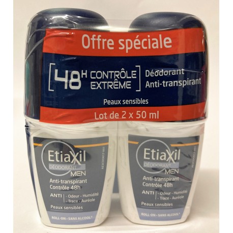 Etiaxil - Men . Déodorant Anti-transpirant 48H Contrôle extrême .Peaux sensibles (lot de 2 roll-on de 50 ml)